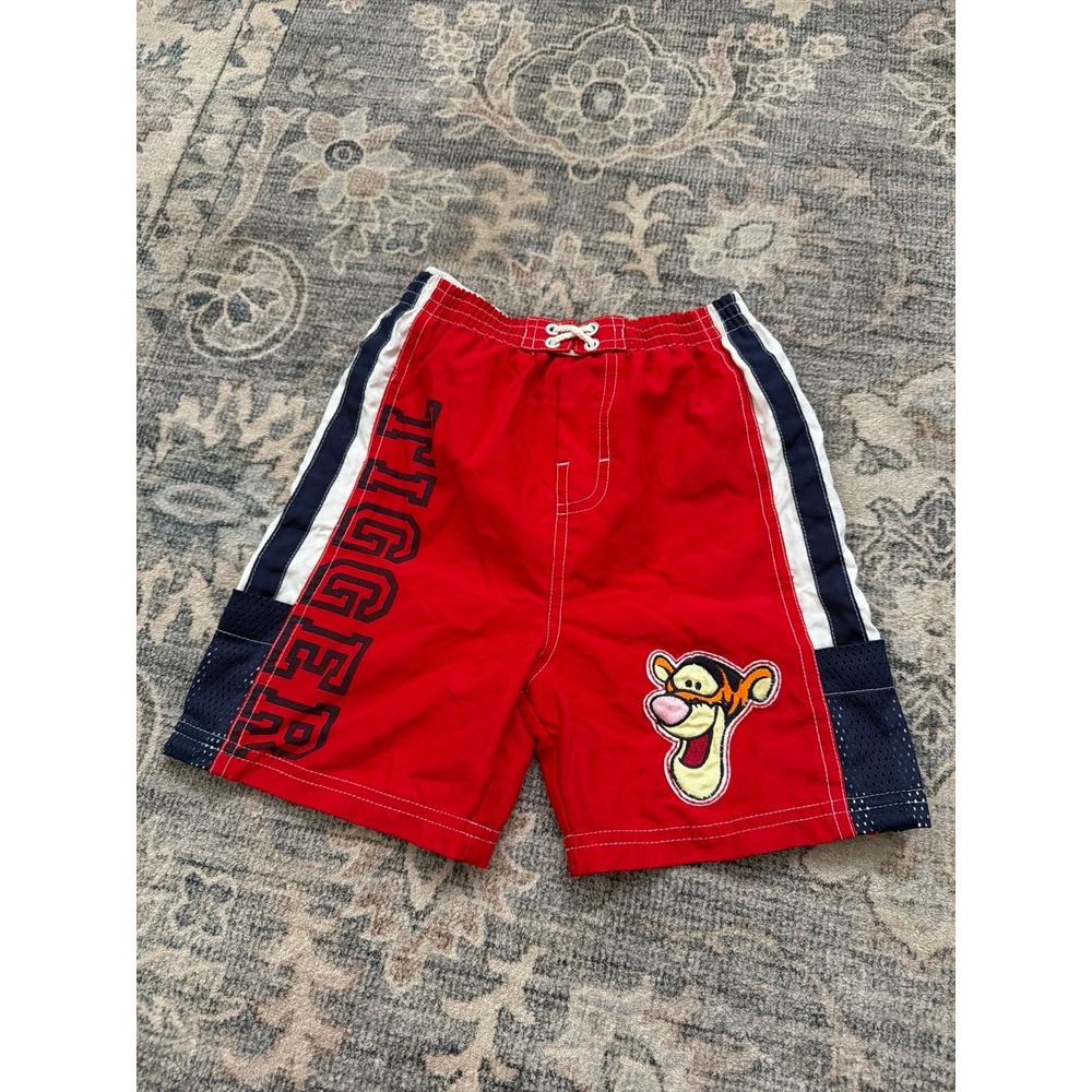 Vintage Toddlers Boys Pooh Tigger Swim Trunk Shorts Red Navy Blue Stripe